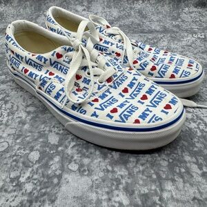 Vans “I heart my Vans” White Canvas Low Tops with Blue Logo and Red Heart Print